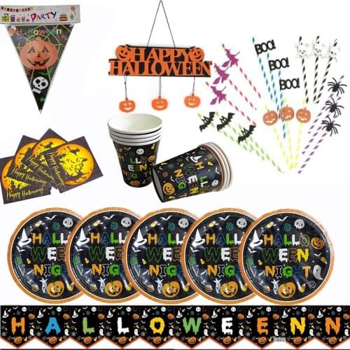 Halloween Party Decoration Pumpkin Head Theme Door Tag Paper Plates Straws Tablecloths Decor Party Supplies Disposable Tableware