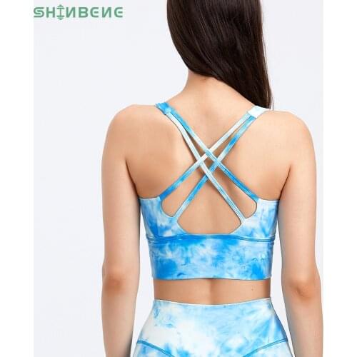 SHINBENE TIE DYE Padded Gym Yoga Sport Bras Top Women Longline Cross Strap Fitness Workout Bras Exercise Athletic Brassiere