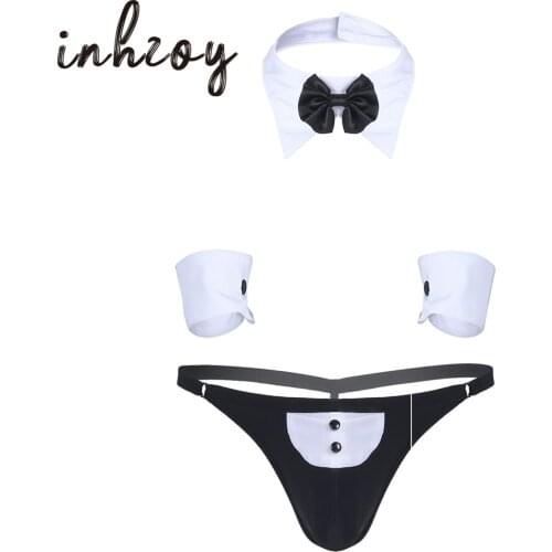 Men Waiter Lingerie Suit G-string Thong Underwear Sissy Erotic Sexy Costume And Bow Tie Collar and Bracelets 3Pcs 2XL Gay Tuxedo