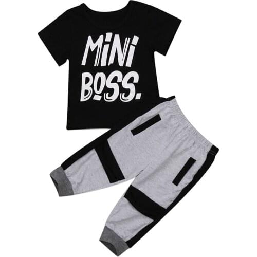 Focusnorm 2 pieces Toddler Boy Clothes Short Sleeve Mini Boss Print T Shirt Top and Pants Set Children Baby Boy Outfit 1-6T