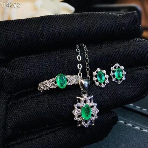 Natural green emerald ring Pendant Earrings Natural Gemstone Jewelry Set S925 Silver fashion Feather Stars Women party jewelry