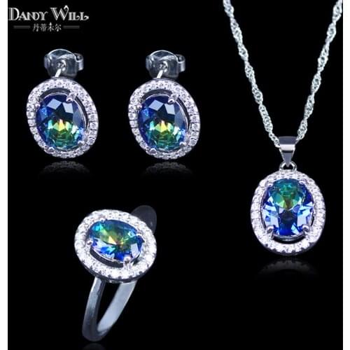 Fashion Silver Color Women 3Pcs Jewelry Gift Rainbow Mystic Crystal Stone Necklace And Earrings Sets For Girls