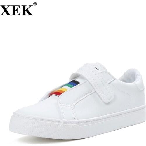 XEK White Shoes Sneakers Woman Autumn 2018 New Rainbow Female Lazy Shoes Hook Loop Flats Student Daily Wear Sneakes JH254