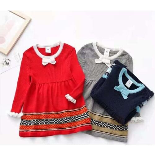 New Girls' Knitted Bowknot Bohemian Plaid Skirt Cute Round Neck Sweater Dress