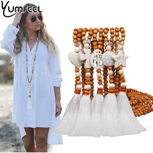 Yumfeel Brand New White Tassel Necklace Handmade Wood Beads Stones Pendant Necklace Women Jewelry