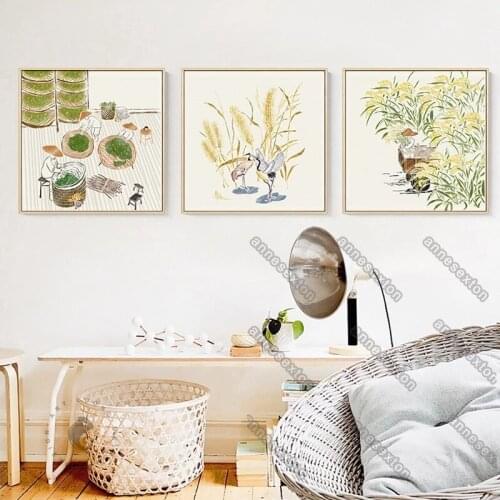 New Chinese Style Canvas Painting Poster Barley Litchi Harvest Scenery Corps Poultry and Fruits for Home Rooms Wall Decoration