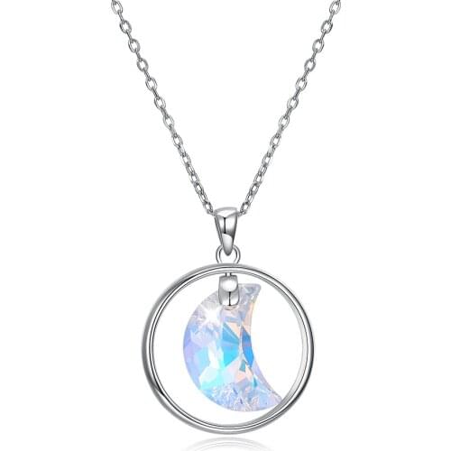 SILVERHOO Women Necklaces 925 Sterling Silver Moon Pendant Necklace Shining Austria Crystal Female Fine Jewelry Anniversary Gift