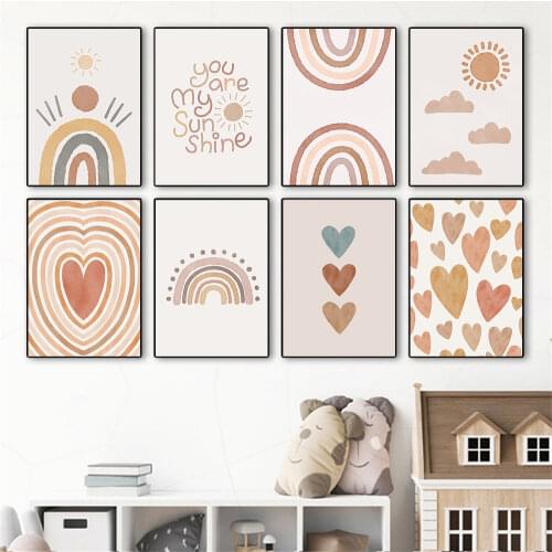 You Are My Sunshine Abstract Heart Nursery Canvas Painting Sun Cloud Rainbow Wall Art Print Poster Boho Picture Kids Room Decor