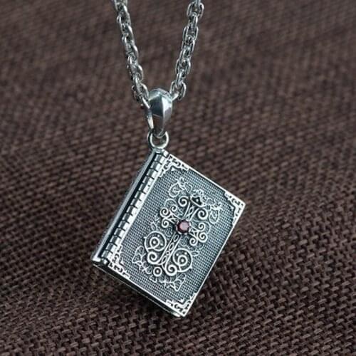 925 Sterling Silver Cross Pendant Holy Bible Thai Silver Jewelry With Natural Red Garnet Stone Cleansing Metrosexual