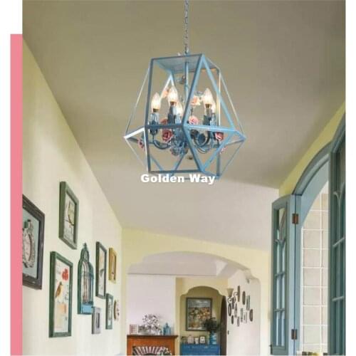 Floral Decora Pendant Chandelier D42cm H43cm Blue Color Iron Chandelier Dining Room Living Room Rose Lights Lamp Home Decoration