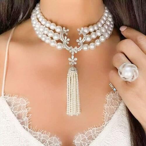 Top New Fashion 3 Layer Pearl Chains Necklaces Cubic Zircon Micro Pave Setting Women Party Accessoriers Jewellery