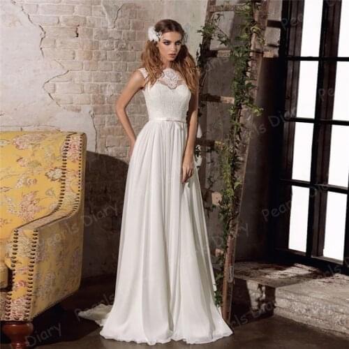 Simple Beach Wedding Dresses Illusion Cap Sleeve Bride Dress Bow Belt Lace Appliques Chiffon Bridal Gowns 2021 Robe De Mariee