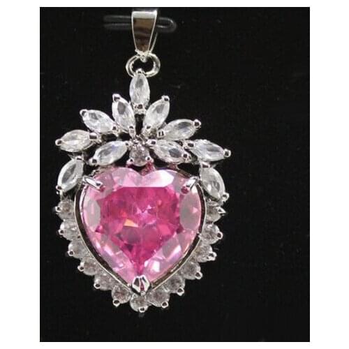 Pink Cubic Zirconia Love Heart Crystal Flower Pendant Chain Necklace