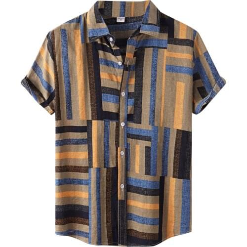 Retro Striped Patchwork printing shirts Summer Mens Hawaiian Camicias Casual Buttons Short Sleeve blusa Turn-down Collar Tops