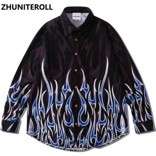 Hip Hop Fashion Mens Shirts Blue Fire Flame Print Button Down Longsleeve Shirt For Men Hawaiian Beach Harajuku Tops Streetwear