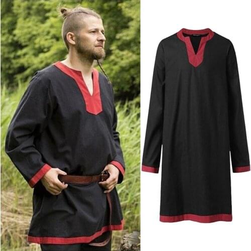Renaissance Medieval Men LARP Tunic Top Shirt V-neck Victorian Gothic Viking Pirate Knight Archer Ranger Cosplay Halloween