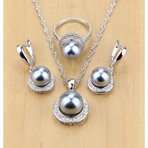 Silver 925 Jewelry Black Simulated Pearls With Beads Jewelry Sets For Women Wedding Pendant Drop Earrings Rings Necklace Set