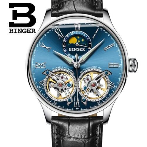 Switzerland men Watches BINGER Skeleton Automatic Watch men Self-Wind Casual Mechanical Wristwatch relogio masculino 2019 Blue