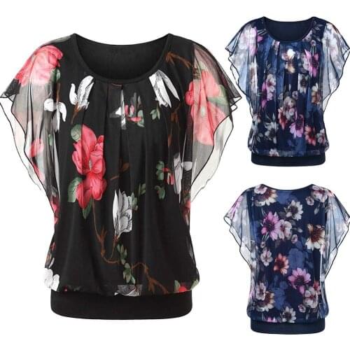 Stylish Women Short Batwing Sleeve O Neck Floral Print Loose Blouse T-shirt Batwing Sleeve O Neck Floral Print Blouse T-shirt