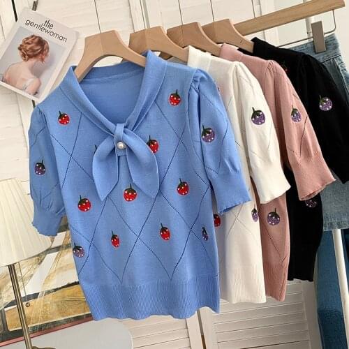 Short Puff Sleeve Knitted T-Shirts Girls Stretchy Embroideried Crop Tops Sweaters Pullovers For Women