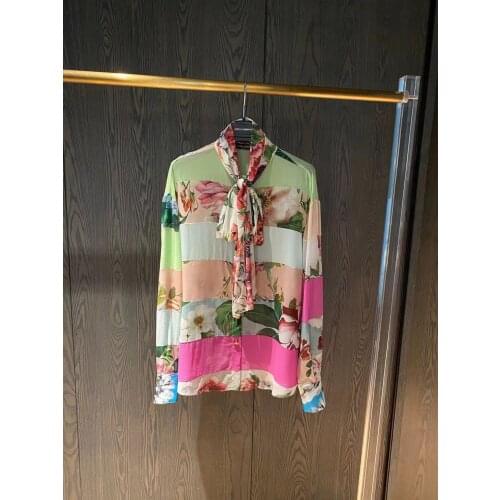 2021 New Original Design Early Autumn Thin Silk Stretch Georgette Fabric Printed Ribbon Women Shirt