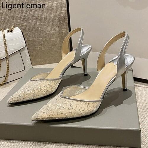 Silver High Heels Sandals Summer Shoes Woman 2022 Fashion Sequins Mesh Summer Hollow Bridal Sandals Party Pointed Women Shoes
