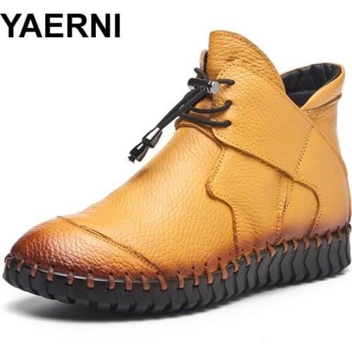 YAERNI 2021 New Women Ankle Boots Winter Women Shoes Genuine Leather Lace Up Plush Snow Boots Big Size Ladies Booties