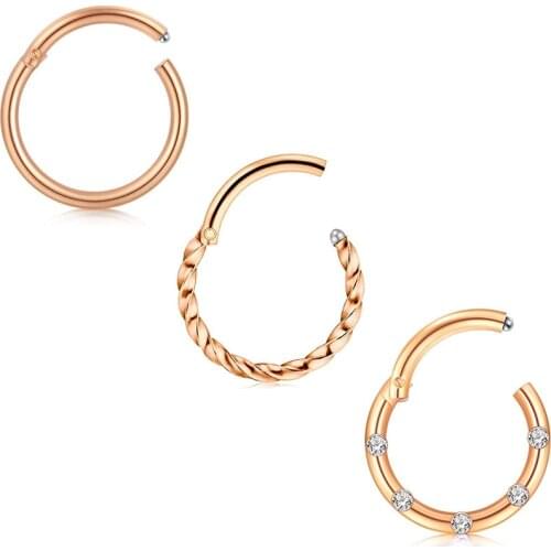 16G Wearable Earring Hoop Steel CZ Inlay Hinge Segment Spiral Ear Hole Rose Gold Black Iridescent