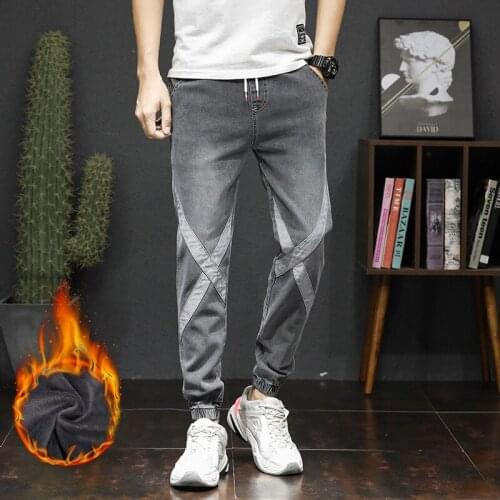 2020 Autumn Winter Mens Cotton Elastic Jeans Plush Thicken Denim Pants Patchwork Quality Casual Warm Velvet Leggings Trousers