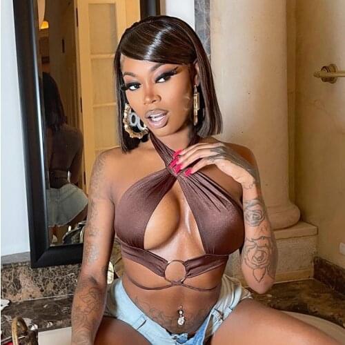 Hirigin Satin Women Halter Crop Top Lace Up Bandage Backless Elegant Party Club Festival 2021 Summer Clothes Cute