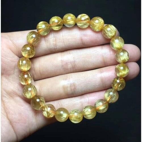 9mm Natural Brazil Gold Rutilated Quartz Bracelet Jewelry For Women Men Gift Round Beads Titanium Crystal Stretch Strands AAAAA