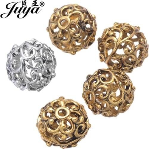 JUYA 20pcs/lot 12mm Engrave Hollow Alloy Beads Ancient Gold/Silver Color Beads for Women Jewelry Making Supplies Accessories