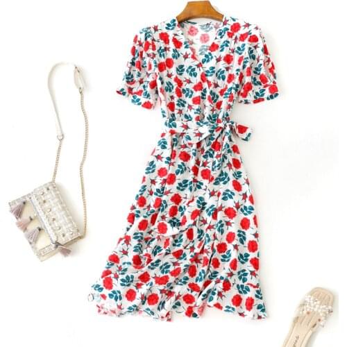 Floral Chiffon Women Dresses Summer New 2021 Sweet Puff Sleeved Bandage Slim Knee-Length Elegant Ruffles Office Lady Clothing