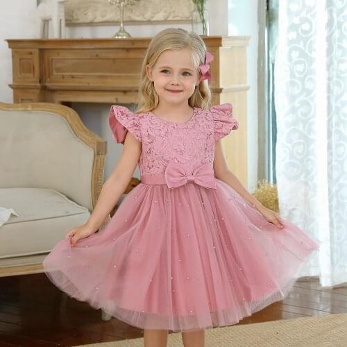 Princess Girl Dress Cute Bowknot Tulle Pearls Tutu Birthday Party Children Lace Frocks Children Casual Clothes Kids Dresses