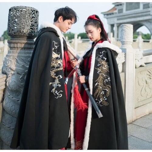 Men&Women Hanfu Cloak Chinese Ancient Traditional Winter Black Red Hooded Cape Adult New Year Costume For Couples Plus Size