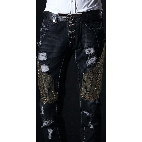 2020 Embroidery Jeans Men Korean Slim Moto Biker Hole Denim Pants Vintage Sequins Stage Male Trousers Middle Skinny Jeans Man