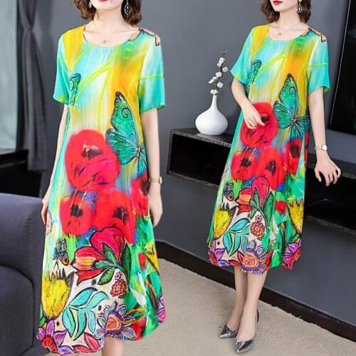 Imitate Silk Dress Female Summer New Loose Print Dresses Large Size L-4XL High Quality Elegant And Comfortable Vestidos