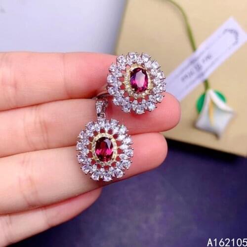 Fine jewelry 925 pure silver Chinese style natural pyrope garnet womens luxury popular flower gem pendant adjustable ring set s