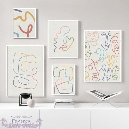 Colourful Abstract Faces Line Drawing Art Print Poster Minimalist Nordic Canvas Painting On The Wall for Living Room Decor