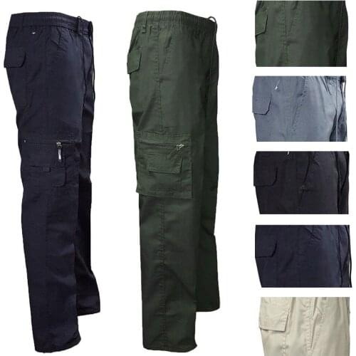 Mens Solid Elastic Waist Long Pants Safari Style Drawstring Pants Male Camping Hiking Loose Trousers 4 Colors