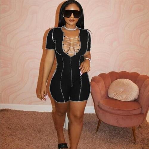 Lace-Up Low-Cut Jumpsuit 2021 Summer Women New Street Style Hollow Hip-Lifting Casual Sports Fitness Shorts Bodysuit