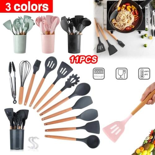 With Storage Box 11PCS Kitchen Utensils Silicone Non-stick Spatula Shovel Wooden Handle Cooking Tools Set Pink Green Black 3