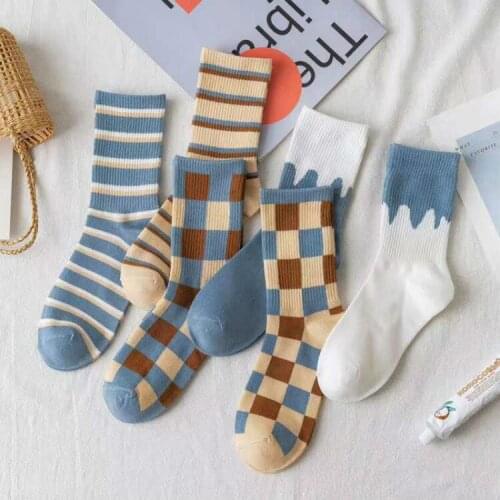 Socks Women Cotton Elegant Pattern Patchwork Plaid Stripe Multi color Blue Khaki White Crew Sock Retro Style Vintage Sox Woman