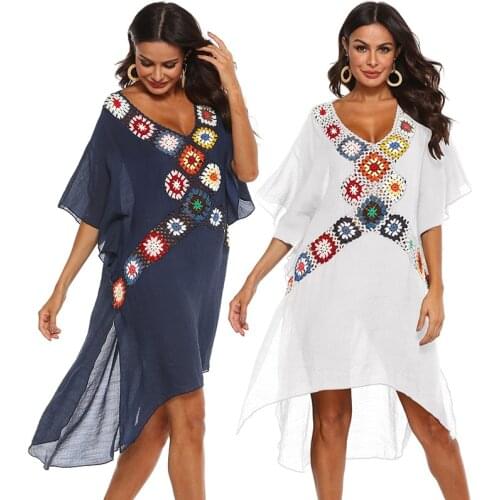 New Swim Cover Up Tunic Beach Dress Summer Women Beach Wear Boho Crochet Swimsuit Ups White Robe Dresses Long Pareo Beachwear