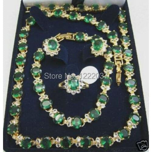 New natural green zircon Necklace Bracelet Earring Ring set