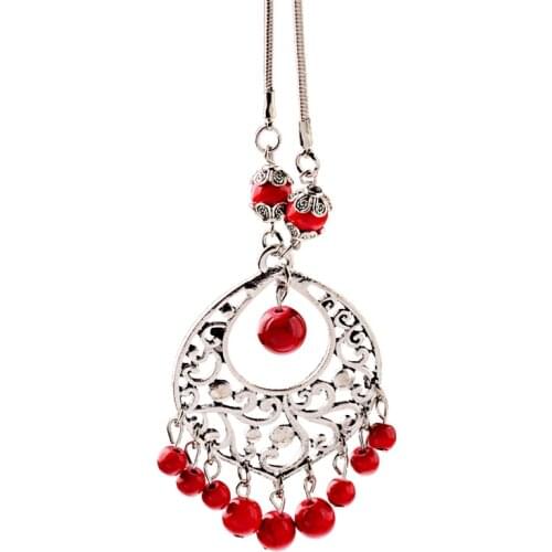 Vintage Flower Bohemian Tibetan Chain Necklaces Gypsy Ethnic Carved Metal Red Stone Beads Pendants Necklaces For Women