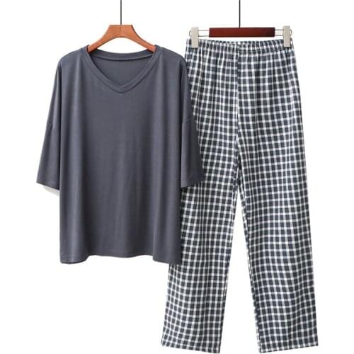 Spring/summer Modal Ladies Pajamas Short Sleeve Plaid Pants V-Neck Viscose Thin Lounge Wear Two Piece Set Loose Home Clothes