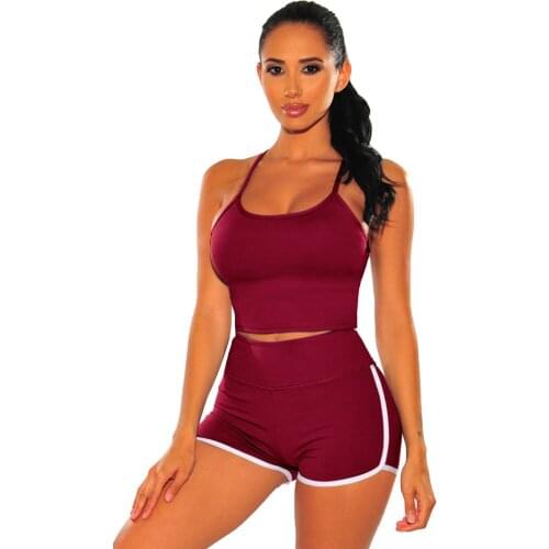 Casual Solid Fitness Short 2 Piece Summer Joggers Sexy Adjust the Sling Crop Top Biker Shorts Slim Two Piece Set Outfit Workout