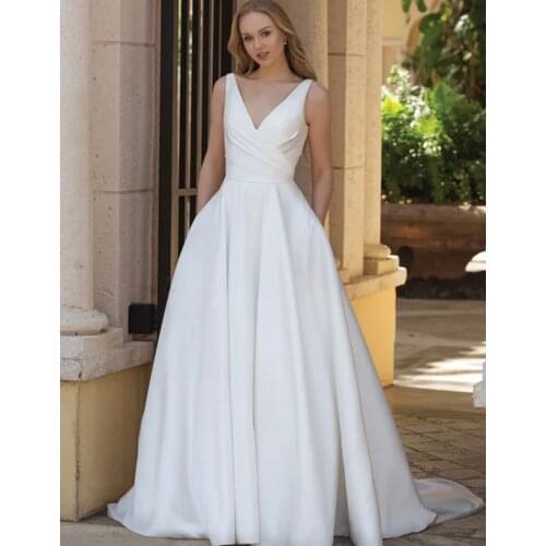 Simple Wedding Dress A-Line V-Neck Tank Backless Button Pleat Satin Floor Length Sweep Train Bride Gown Custom Made 2021