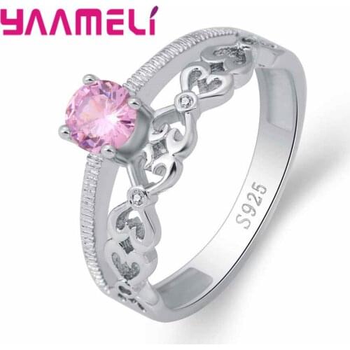 Luxury Desgin Pink Austrian Crystal 925 Sterling Silver Wedding Rings For Bridesmaids Ring Party Prom Accessories